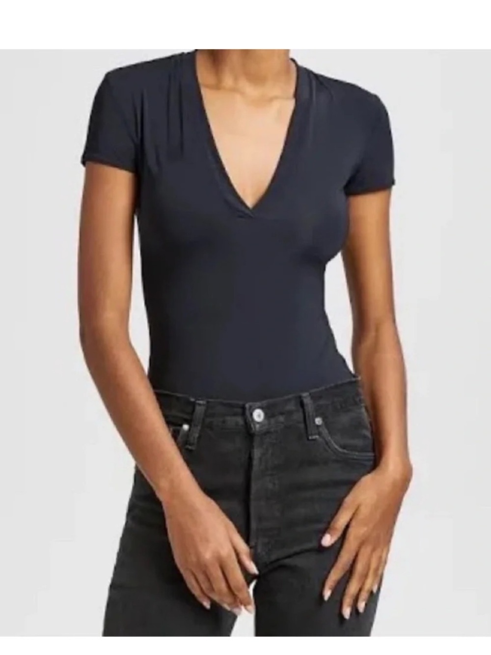 Theory Women’s Black V-Neck Short Sleeve Bodysuit. Size L